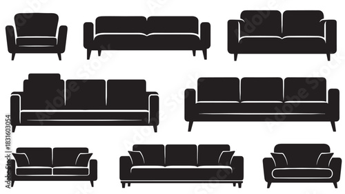 Collection of black sofa and armchair silhouettes showing various furniture designs in a minimalist flat icon style for home interior and decoration concepts