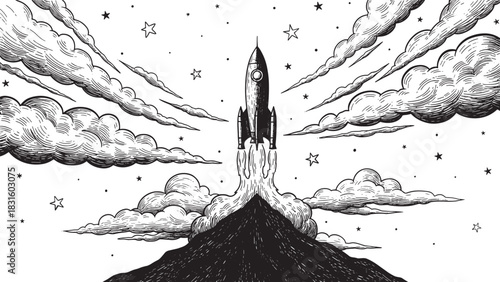 Vintage hand-drawn rocket ship launching into the starry sky with stylized clouds in a classic black and white woodcut illustration style