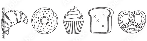 Black and white line art icons of bakery goods including a croissant, donut, cupcake, bread, and pretzel in a simple hand-drawn doodle style illustration set for graphic design