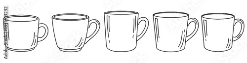Five hand-drawn black and white mugs in a simple doodle style, a collection of various shaped cups with handles arranged in a horizontal row for a minimalist design concept