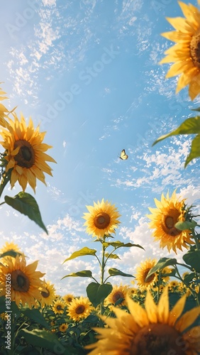 Vibrant Sunflower Field Under a Clear Blue Sky with Fluffy Clouds and a Delicate Butterfly Flying Above