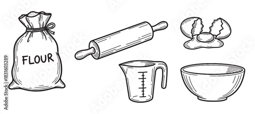 Hand-drawn set of baking ingredients and utensils including a flour sack, rolling pin, cracked egg, measuring cup, and mixing bowl in a black and white sketch style illustration