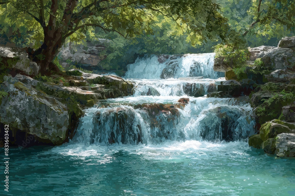 Fototapeta premium Beautiful waterfall cascading through lush greenery in a serene natural setting perfect for wall decoration