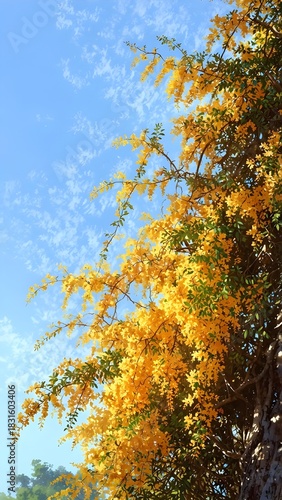 Vibrant yellow flowers bloom against a clear blue sky, showcasing nature's beauty in a sun-drenched scene