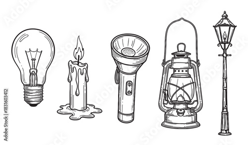 Hand-drawn set of various lighting sources showing the evolution of light, including a candle, lantern, flashlight, street lamp, and electric bulb in a vintage sketch style