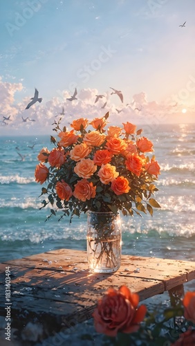 A stunning bouquet of vibrant orange roses basking in the golden glow of a seaside sunset, with gentle waves and soaring birds creating a picturesque scene