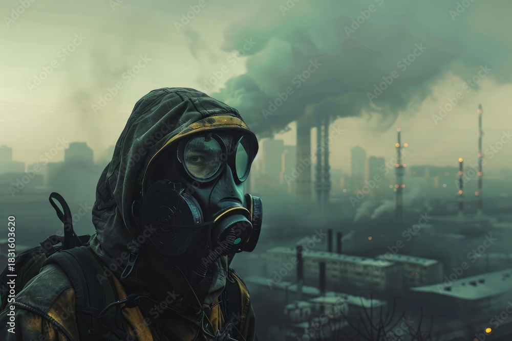 Obraz premium Stalker wearing a gas mask explores a post apocalyptic urban landscape, shrouded in industrial smog