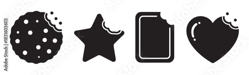 Set of four black cookie icons with bites taken out, including a chocolate chip, star, rectangle, and heart shape, presented in a clean, minimalist graphic vector style