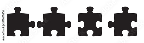 Four black human figure puzzle pieces stand in a row, a minimalist graphic illustration symbolizing teamwork, community, and social connection