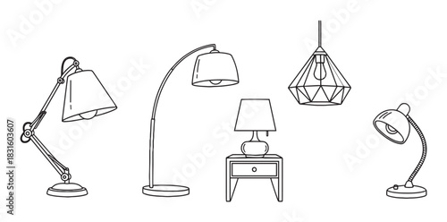 Collection of various hand drawn lamps in a minimalist line art style, including desk, floor, table, and pendant light fixtures for home interior design concepts