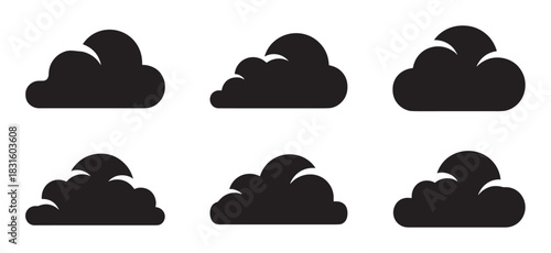 Six black cloud icons in a set of simple, flat vector illustrations for weather or data storage concepts, showing various rounded shapes in a minimalist graphic style
