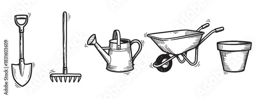 Set of hand-drawn gardening tools including a shovel, rake, watering can, wheelbarrow, and pot in a black and white sketch style illustration