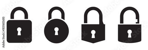 Four black padlock icons in various shapes, including both locked and unlocked states, presented as a simple, flat silhouette graphic set for security and privacy concepts