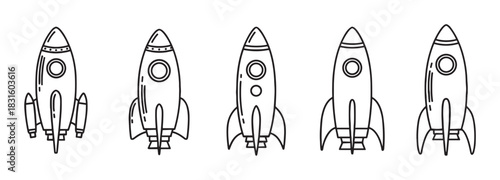 Five black and white rocket ship illustrations in a simple line art style, showcasing a collection of cartoon spacecraft with various designs for a creative or futuristic concept