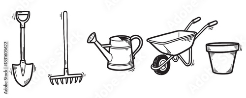Set of hand-drawn gardening tools including a shovel, rake, watering can, wheelbarrow, and pot in a black and white sketch style illustration for farming or planting concepts