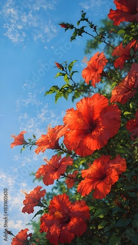 Vibrant red hibiscus flowers bursting with tropical beauty against a clear blue sky, evoking a sense of summer warmth and natural splendor