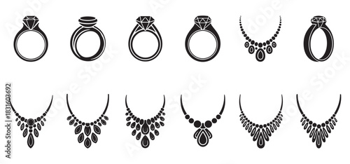 Collection of black jewelry icons featuring various ring and necklace designs in a minimalist silhouette style, perfect for graphic design and fashion concepts