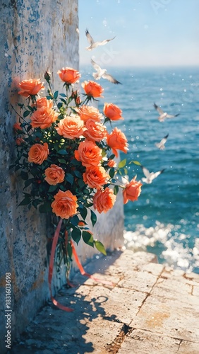 A beautiful cluster of bright orange roses cascading down a weathered stone wall beside a shimmering blue ocean with seagulls flying above