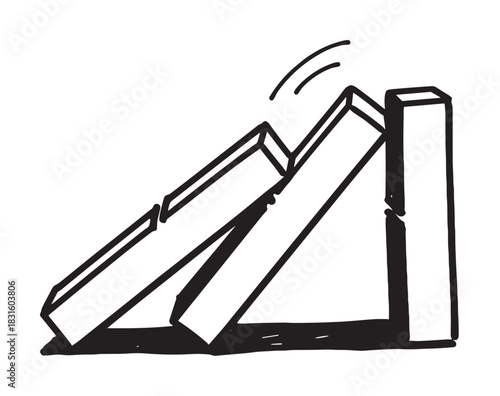 Hand drawn black and white dominoes falling in a chain reaction, a simple doodle illustration representing the concept of cause, effect, collapse, and business crisis