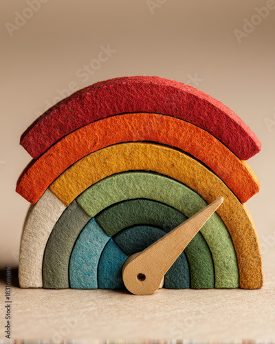 Layered cardboard credit score meter with colorful segments and central pointer on pale background