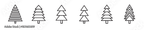 Set of six minimalist Christmas tree icons in a simple black line art style, showcasing various geometric designs for festive holiday and winter season graphic elements