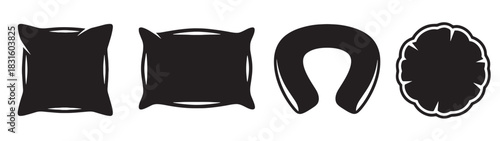 Four black pillow and cushion icons in various shapes, including a standard bed pillow, a square cushion, a U-shaped travel neck pillow, and a round decorative cushion silhouette set