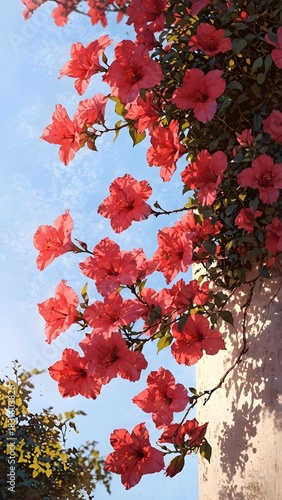 A glorious display of vivid red flowers in full bloom, elegantly intertwined against a bright blue sky, perfectly illuminated by the gentle embrace of the morning sunlight