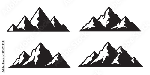 Set of four black mountain range icons with sharp peaks and snowy caps, presented as a minimalist graphic illustration collection for logo design or adventure branding