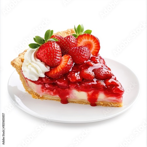 Strawberry pie with oozing sauce isolated on a white background, emphasizing its rich and indulgent qualities.