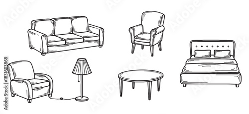 Hand-drawn furniture collection set with a sofa, armchairs, bed, lamp, and table in a simple black and white line art doodle style for interior design concepts