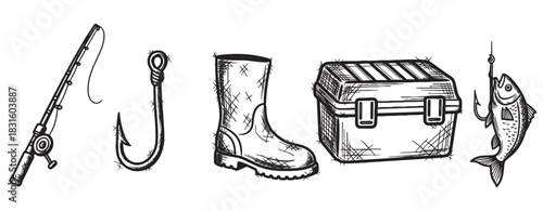 Set of hand-drawn fishing equipment icons including a rod, hook, boot, tackle box, and a caught fish in a black and white sketch doodle style illustration