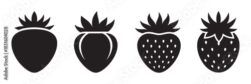 Set of four black strawberry icons presented in a row, featuring various minimalist graphic styles from a simple solid silhouette to detailed versions with seeds and outlines