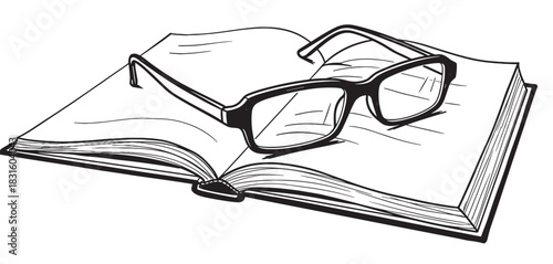 Hand-drawn black and white illustration of reading glasses resting on an open book, a simple sketch symbolizing literature, studying, knowledge, and intellectual pursuits