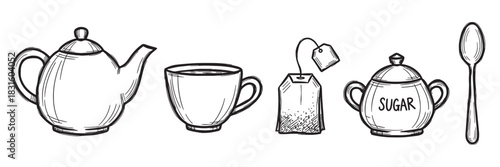 Hand-drawn tea service set with a teapot, cup, teabag, sugar bowl, and spoon in a black and white sketch style, a collection of doodle icons for a cafe menu