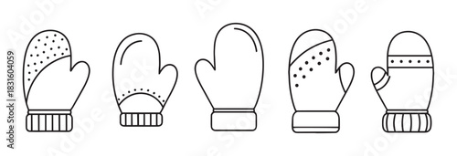 Collection of five winter mitten icons with different simple patterns like dots and stripes, a minimalist black and white line art set for seasonal design
