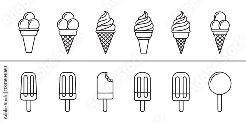 Collection of black line art ice cream icons showing various frozen desserts like cones, soft serve, popsicles, and lollipops in a minimalist, clean vector graphic style