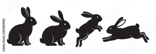 Four black rabbit silhouettes in different poses showing a sequence of movement from sitting to running, presented as a clean graphic vector illustration collection