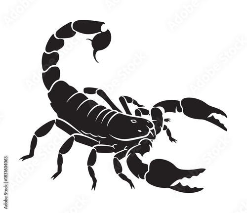Black scorpion silhouette illustration in an aggressive pose with its tail curved and pincers open, representing danger, power, and the Scorpio zodiac sign in a graphic style