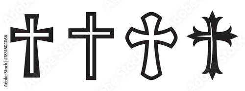 Four black Christian cross vector icons in various styles, including gothic and templar, presented as a collection of religious symbols for faith, worship, and spirituality