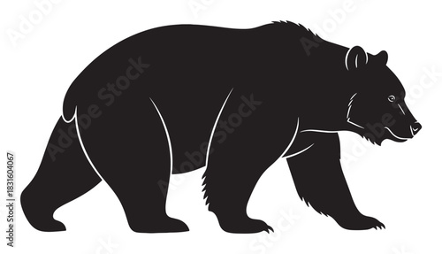 Black grizzly bear silhouette in a walking pose, depicted as a clean vector graphic with minimal white line art details on its powerful body, face, and fur
