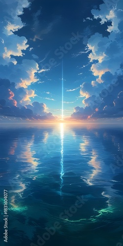 Serene Ocean Sunset Reflection With Golden Rays of Light Breaking Through the Clouds
