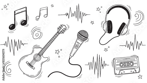 Hand-drawn music and audio doodle set with a guitar, microphone, headphones, cassette tape, and musical notes in a black and white sketch style illustration for creative projects