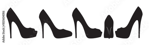 Black high-heeled shoe silhouettes set with stiletto heels and platforms shown from different angles in a minimalist graphic style, representing female fashion and elegance