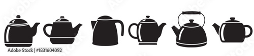 Six black teapot and kettle silhouette icons in a minimalist graphic set showing various designs for hot beverages, breakfast, and kitchenware concepts