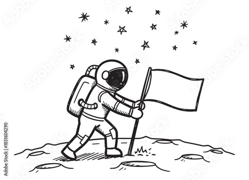 Hand-drawn black and white astronaut plants a blank flag on the moon's surface in this simple cartoon sketch illustration about space exploration and achievement