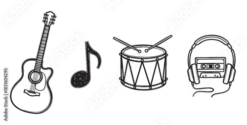 Set of hand-drawn music icons featuring an acoustic guitar, musical note, snare drum, and cassette tape with headphones in a simple black and white line art illustration style