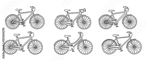 Collection of six different bicycle illustrations in a simple black and white line art style, showing various models like road and city bikes for transport and sport concepts