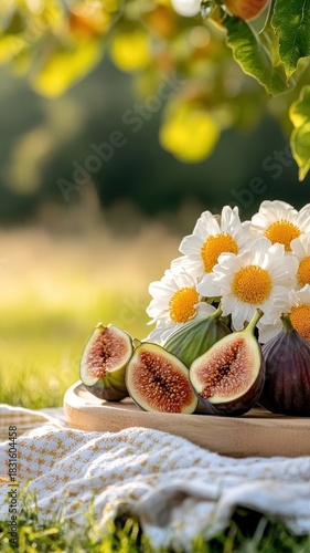 Fig on a picnic blanket with fresh fruits in a sunny outdoor setting.
