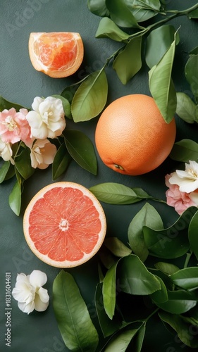 Grapefruit in a luxurious garden with lush greenery and elegant flowers.