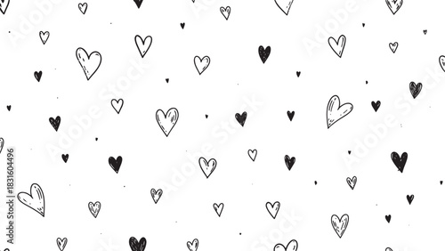 Hand-drawn black and white heart pattern with a cute doodle style, featuring various small sketched hearts in a seamless, romantic, and minimalist design for Valentine's Day